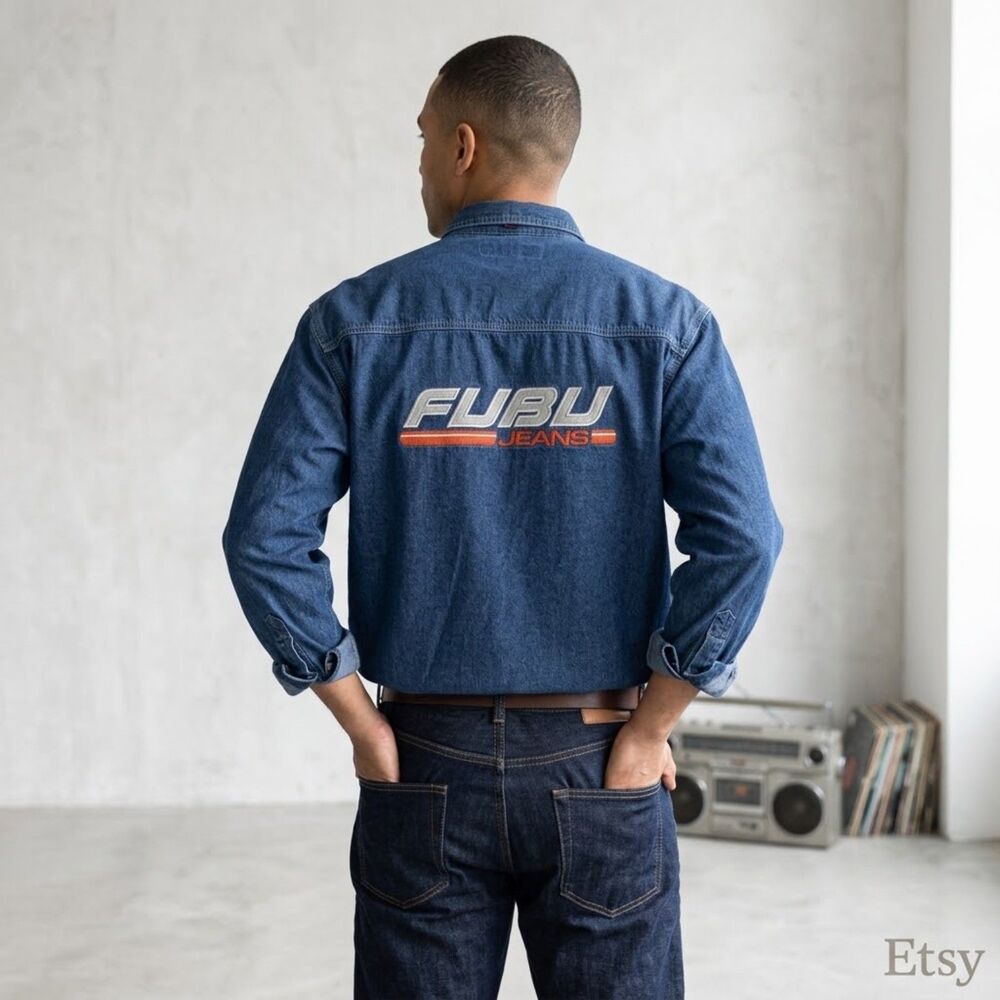 Vintage 90s FUBU Heavy Denim Shirt XL Back Embroidered Logo Y2K Hip Hop